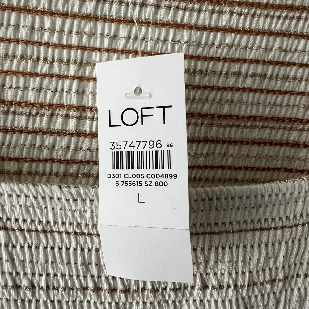LOFT Smocked Metallic Striped Square Neck Puff Sleeve Top White Brown Gold L New